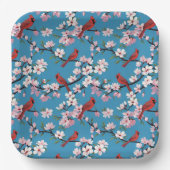 Rote Kardinäle und rosa Kirschblüten Blau Pappteller (Vorderseite)