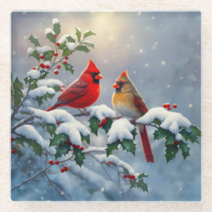Rote Kardinäle und Stechpalme im Schnee Glasuntersetzer