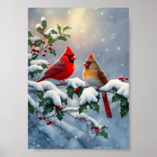Rote Kardinäle und Stechpalme im Schnee Poster