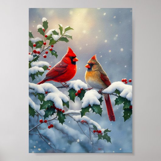 Rote Kardinäle und Stechpalme im Schnee Poster (Vorne)