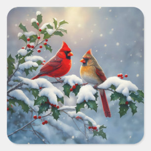 Rote Kardinäle und Stechpalme im Schnee Quadratischer Aufkleber