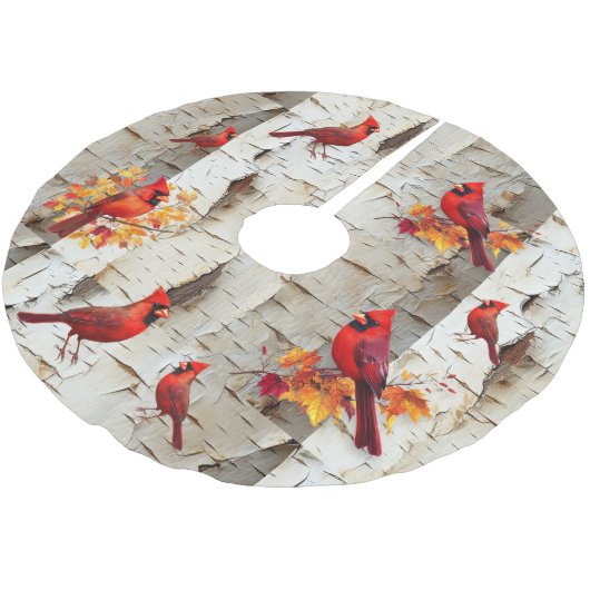 Rote Kardinäle von White Birch Tree Polyester Weihnachtsbaumdecke (Schrägansicht)