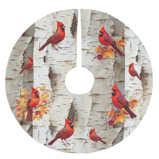 Rote Kardinäle von White Birch Tree Polyester Weihnachtsbaumdecke (Vorderseite)