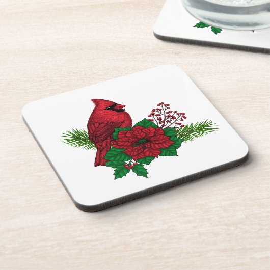Rote Kardinäle zur Weihnachtsdekoration Getränkeuntersetzer (Linke Seite)
