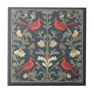Rote Kardinalvögel im Vintage-Stil von William Mor Fliese
