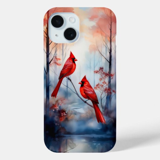 Rote Kardinalvögel in einem nebligen Wald Case-Mate iPhone Hülle (Rückseite)