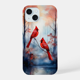 Rote Kardinalvögel in einem nebligen Wald iPhone 15 Hülle
