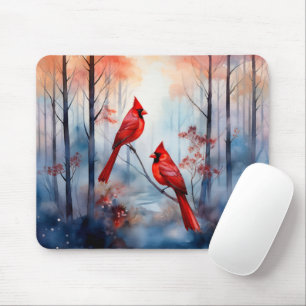 Rote Kardinalvögel in einem nebligen Wald Mousepad