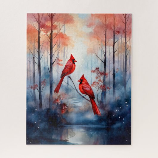 Rote Kardinalvögel in einem nebligen Wald Puzzle (Vertikal)