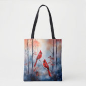 Rote Kardinalvögel in einem nebligen Wald Tasche (Vorderseite)