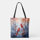 Rote Kardinalvögel in einem nebligen Wald Tasche (Rückseite)