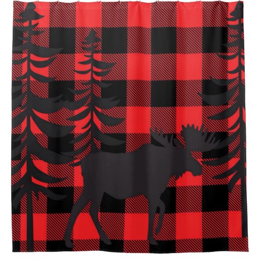 Rote Karierte Elche Silhouette Duschvorhang (Vorderseite)