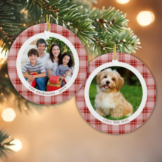Rote Karierte Familie Weihnachten 2 Fotos Ornament
