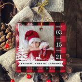 Rote Karierte Pine Tree Baby Geburtsstaten und Fot Keramikornament