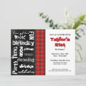 Rote Karierte und Grunge Chalkboard-Party Einladun Einladung (Stehend Vorderseite)