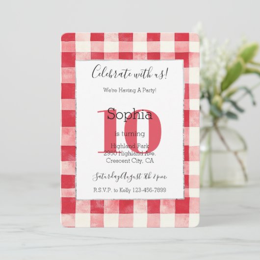 Rote Karo Streifen 10. Geburtstag Einladung (Stehend Vorderseite)