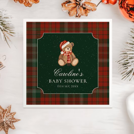 Rote Karo-Teddybär-Weihnachts-Babyshower-Serviette Serviette