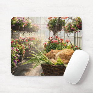 Rote Katze schläft in hängendem Farnkorb Mousepad