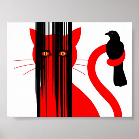 Rote Katze und schwarze Vogeldarstellung Poster (Vorne)