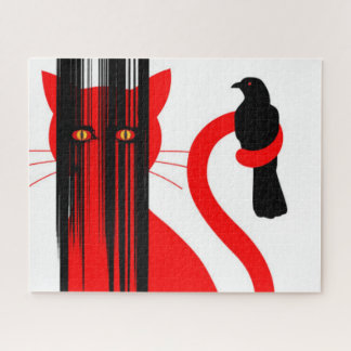 Rote Katze und schwarze Vogeldarstellung Puzzle