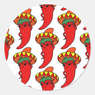 Rote Kawaii Paprika Mexikanischer Sombrero Runder Aufkleber