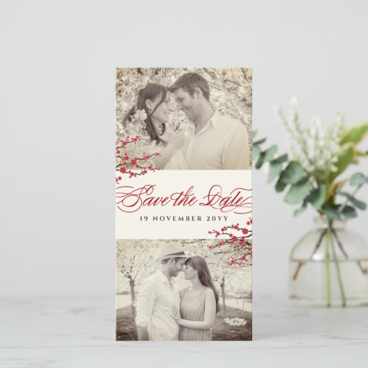 Rote Kirsche Blüten Asiatische Zen-Sakura-Blume Fo Save The Date (Stehend Vorderseite)