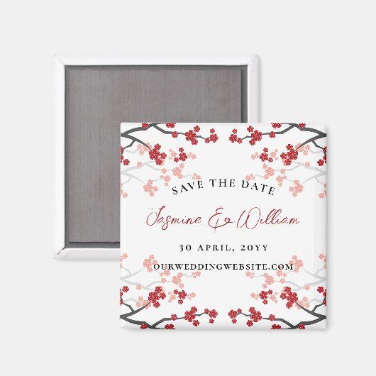 Rote Kirsche Blüten Sakura Blume Save the Date Magnet (Vorderseite/Rückseite)