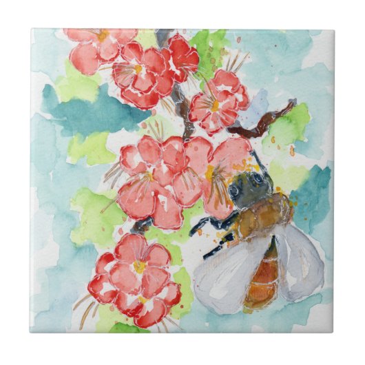 Rote Kirsche Blüten und Bienen Fliese (Vorderseite)