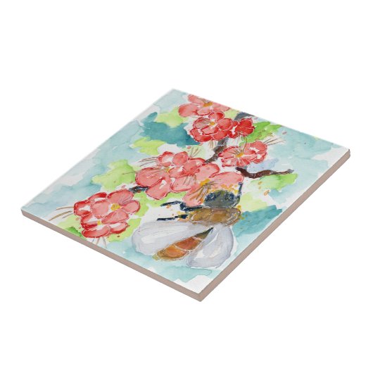 Rote Kirsche Blüten und Bienen Fliese (Seite)