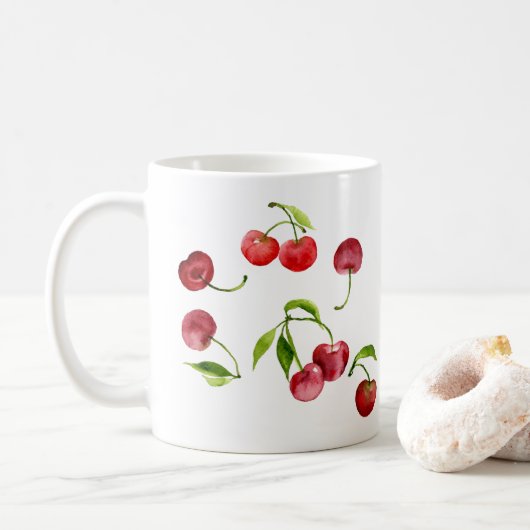 Rote Kirschen Aquarellkirsche Kaffeetasse (Mit Donut)