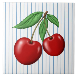 Rote Kirschen auf blauem Streifen Grafikmuster Fliese