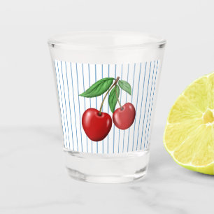 Rote Kirschen auf blauem Streifenmuster Schnapsglas