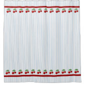 Rote Kirschen auf blauen Streifen Grafikmuster Duschvorhang (Vorderseite)