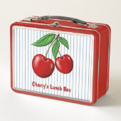 Rote Kirschen auf blauen Streifen Grafikmuster Metall Brotdose (Vorderseite)