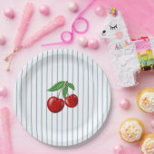 Rote Kirschen auf blauen Streifen Grafikmuster Pappteller (Party)