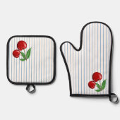 Rote Kirschen auf blauen Streifen Ofenhandschuh & Topflappen-Set (Vorderseite)