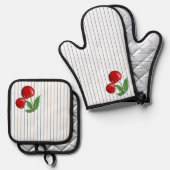 Rote Kirschen auf blauen Streifen Ofenhandschuh & Topflappen-Set (Vorderseite/Rückseite)