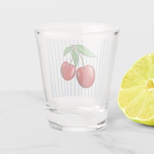 Rote Kirschen auf blaugestreiftem Muster Schnapsglas (Rückseite)