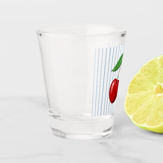 Rote Kirschen auf blaugestreiftem Muster Schnapsglas (Links)