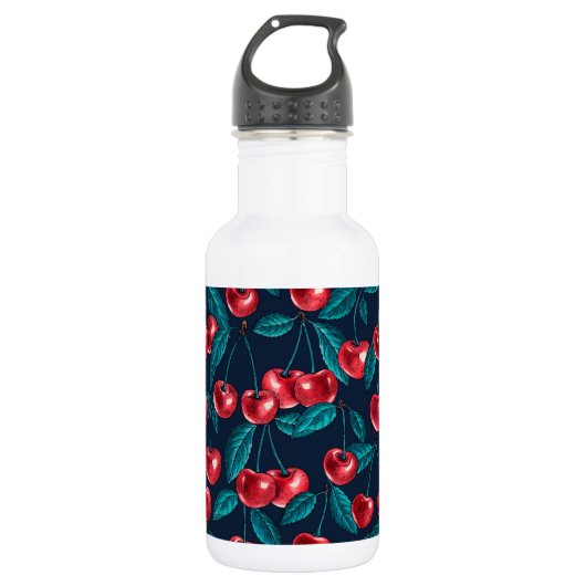 Rote Kirschen auf dunkelblau Edelstahlflasche (Vorderseite)