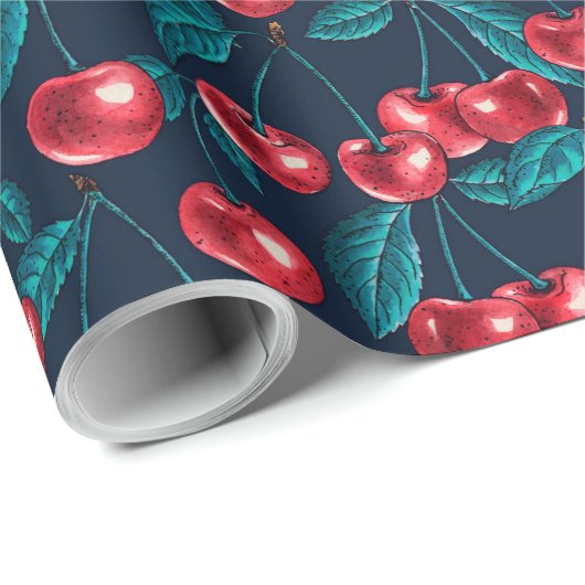 Rote Kirschen auf dunkelblauem Papier Geschenkpapier (Rolleneckpunkt)