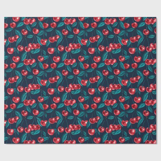Rote Kirschen auf dunkelblauem Papier Geschenkpapier (Flach)