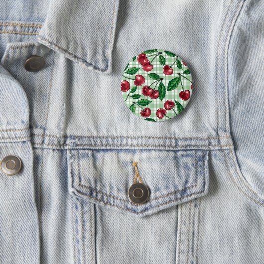 Rote Kirschen auf hellgrünem Gingham Button (Beispiel)
