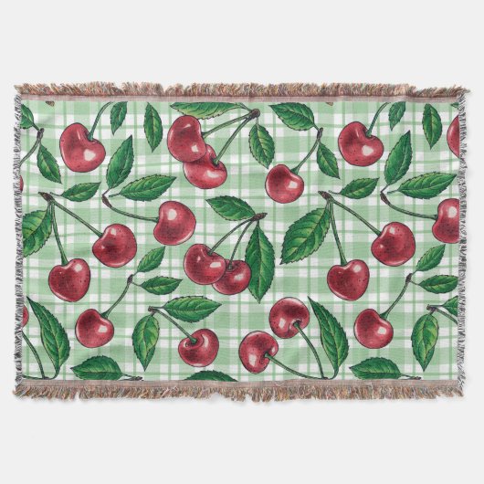 Rote Kirschen auf hellgrünem Gingham Decke (Vorderseite)