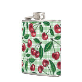 Rote Kirschen auf hellgrünem Gingham Flachmann (Links)