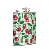 Rote Kirschen auf hellgrünem Gingham Flachmann (Rechts)