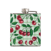 Rote Kirschen auf hellgrünem Gingham Flachmann (Rückseite)