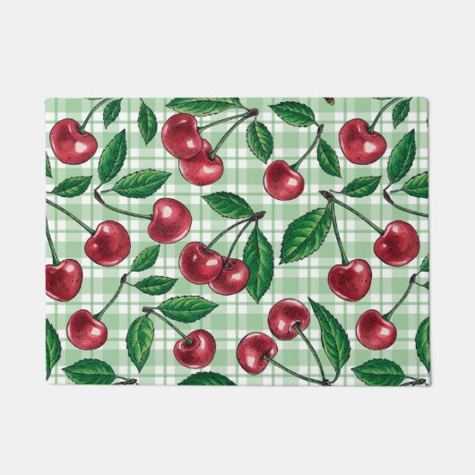 Rote Kirschen auf hellgrünem Gingham Fußmatte (Vorderseite)
