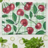 Rote Kirschen auf hellgrünem Gingham Geschirrtuch (Gefaltet)
