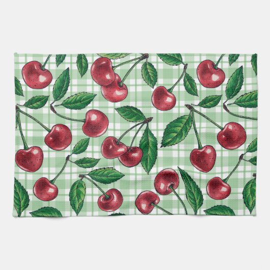 Rote Kirschen auf hellgrünem Gingham Geschirrtuch (Horizontal)